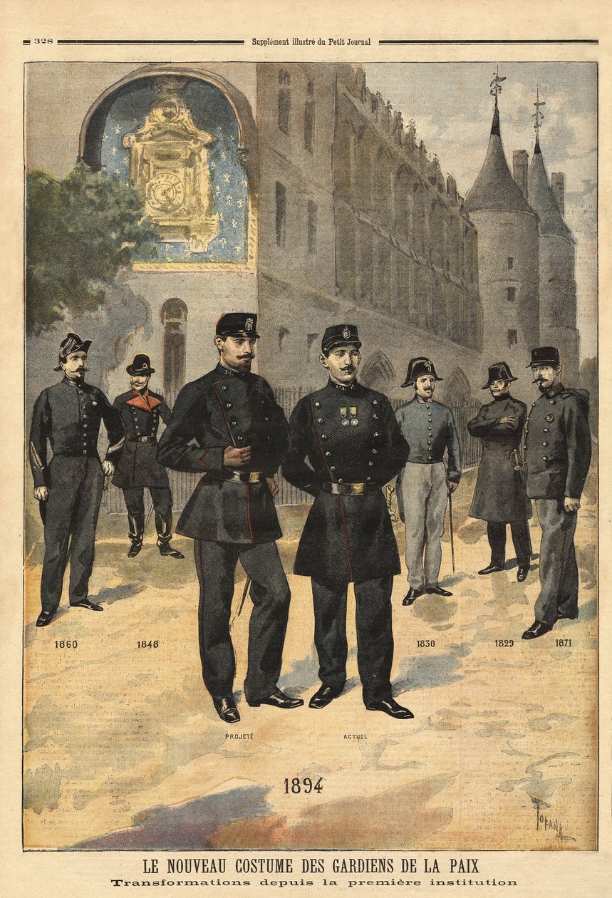 Ewolucja mundurów sił pokojowych (lub sierżantów miejskich) od 1860 do 1894 roku przed wieżą zegarową Concierge w Paryżu. Grawerowanie w „”Le petit journal”” 09/1894. Kolekcja Selvy. autorstwa Unknown artist
