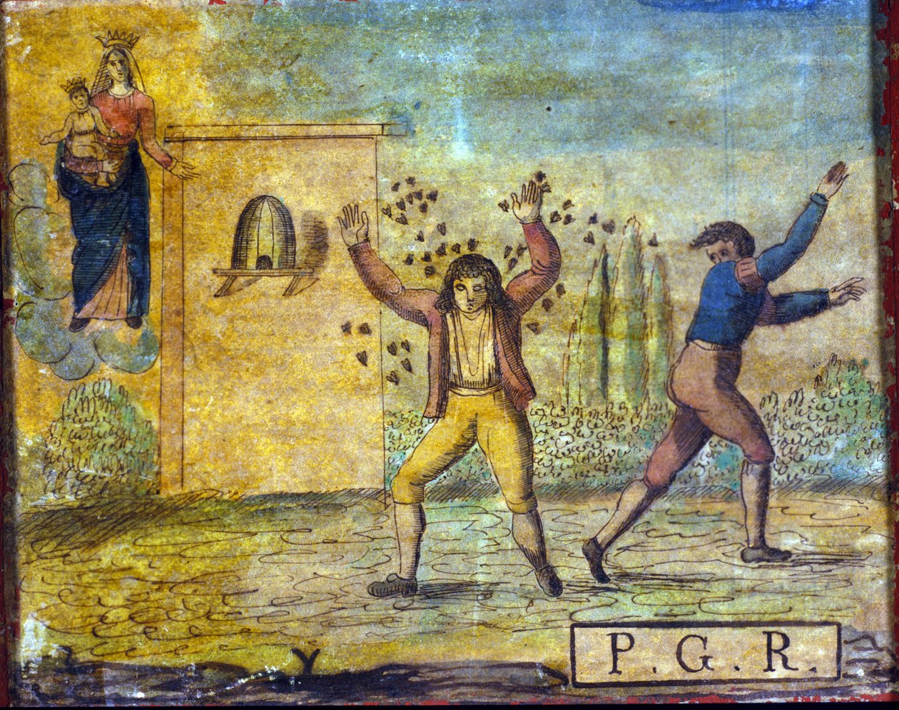 Ex voto z początku XIX wieku przedstawiające osobę zaatakowaną przez pszczoły. autorstwa Unknown artist