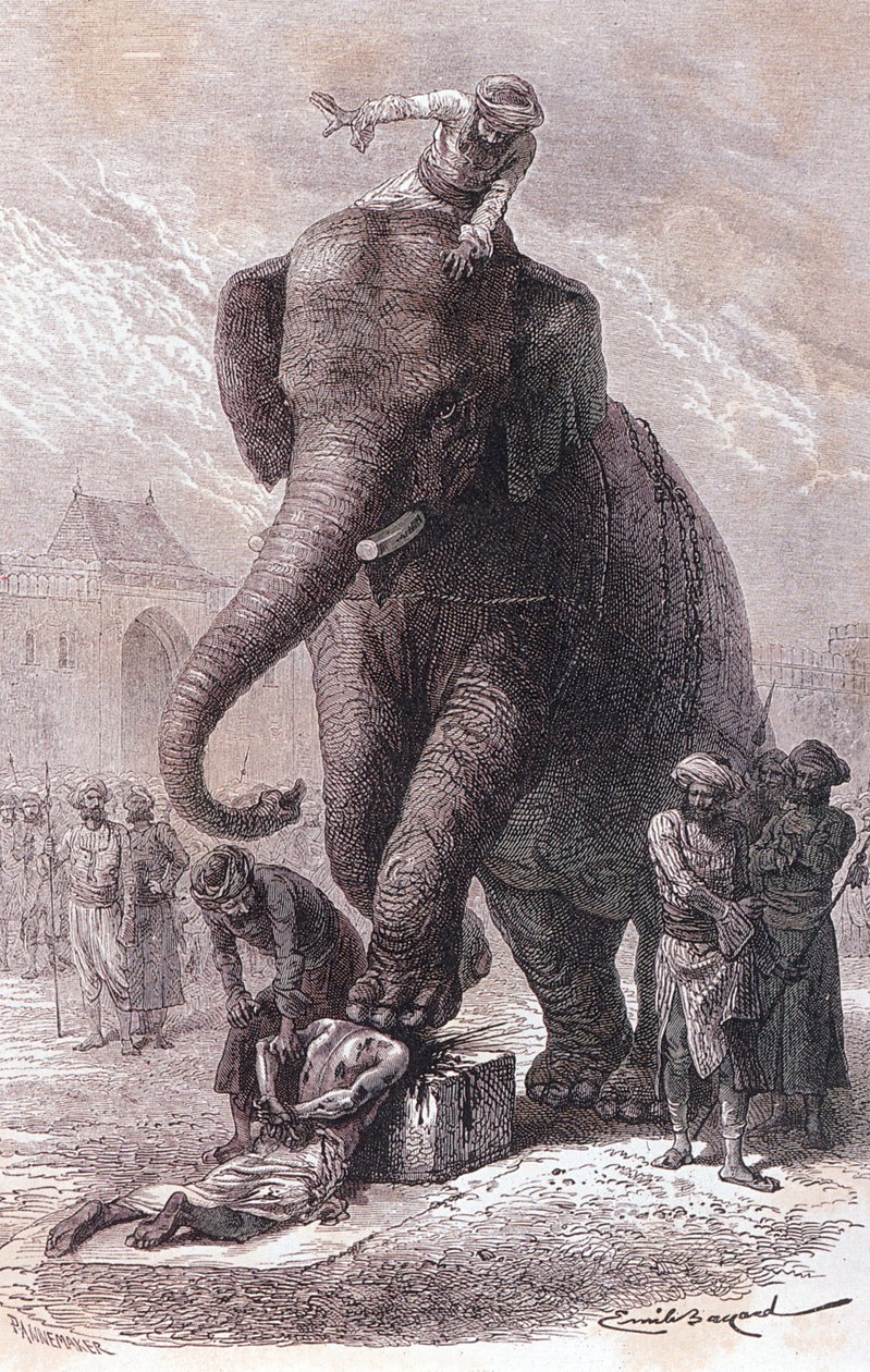 Egzekucja w Indiach: przestępcy są miażdżeni przez słonia prowadzonego przez karnac, rycina z 1875 r. autorstwa Unknown artist