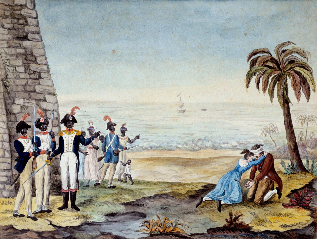 Egzekucja osadnika: Egzekucja osadnika podczas buntu w Santo Domingo (Ameryka Środkowa, Antyle) w 1791 r. Rycina z XVIII wieku. Chartres, Muzeum Sztuk Pięknych autorstwa Unknown artist