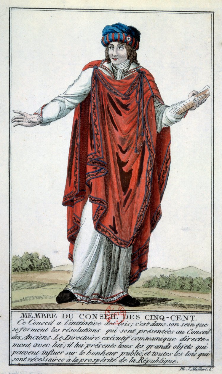 Zarząd: Kostium jako członek Rady Pięciu Centów. Rycina XVIII-wiecznego Paryża, B.N. autorstwa Unknown artist