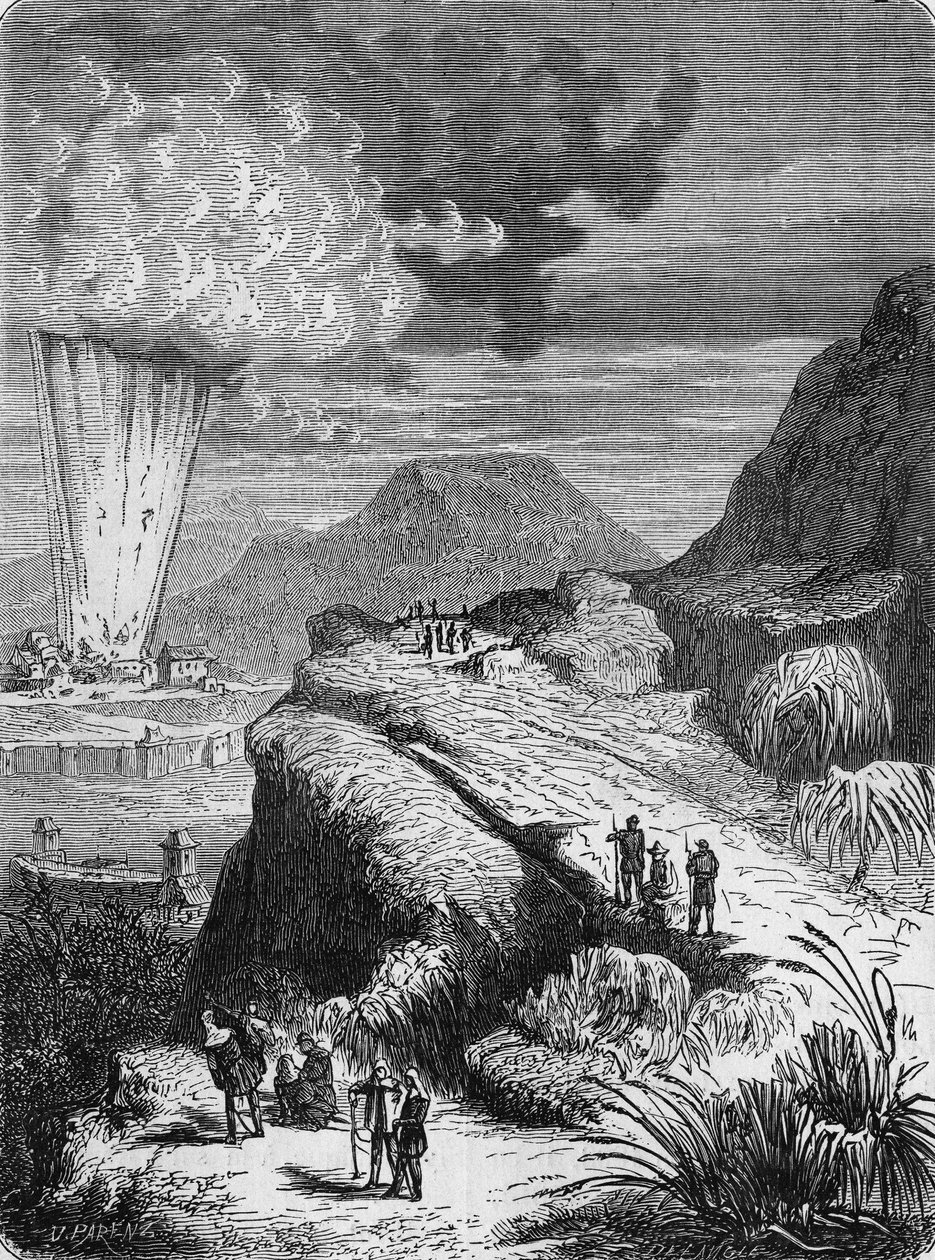 Eksplozja Fort Pei-Ho w Chinach spowodowana zapłonem maszyny przez cewkę Ruhmkorffa. W „Albumie nauki””, Éditions Jouvet autorstwa Unknown artist