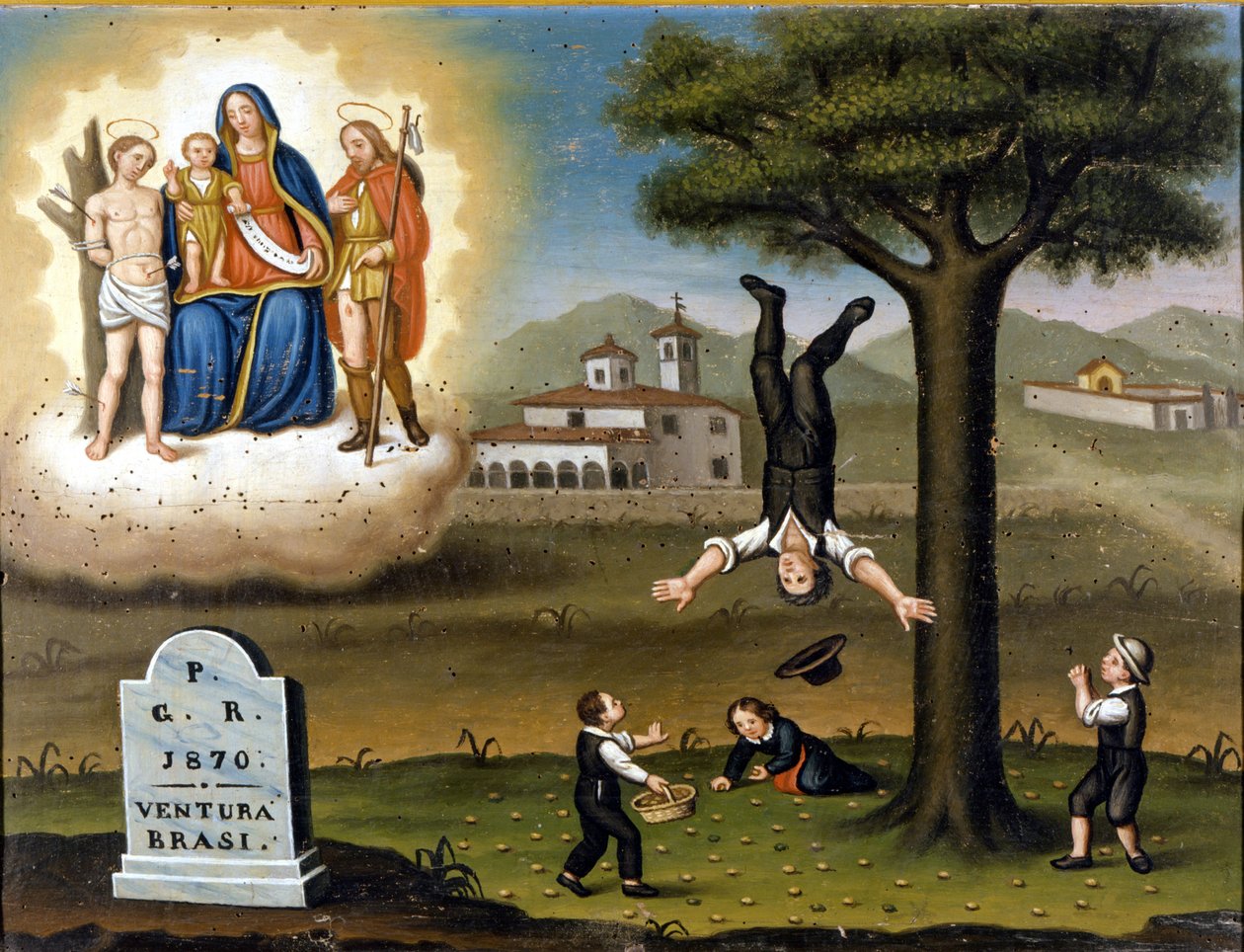 Upadek drzewa. Na górze lewa Madonna między San Sebastian a San Roch. Ex voto de 1870. autorstwa Unknown artist