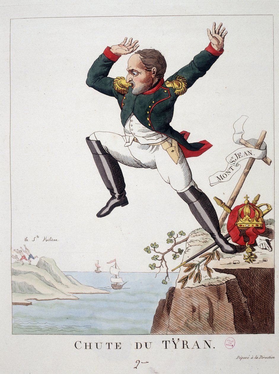 Upadek tyrana: Napoleon skaczący z Góry Św. Jana (Bitwa pod Waterloo) na Wyspę Św. Heleny - w „”Napoleon 1, karykatury, kolekcja manekinów””, autorstwa Unknown artist