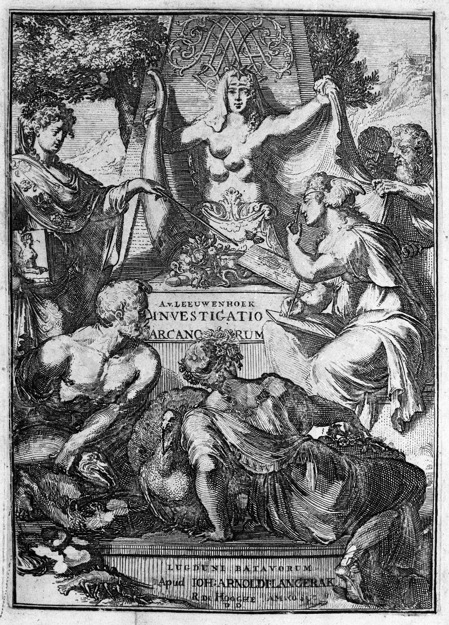 Fałszywy tytuł dzieła „Investigato Arcanorum” holenderskiego kupca i uczonego Antoine van Leeuwenhoek (lub Leeuvenhoek Leeuwenhoeck) (lub Antoni lub Anthonie) (1632-1723) 1722. autorstwa Unknown artist