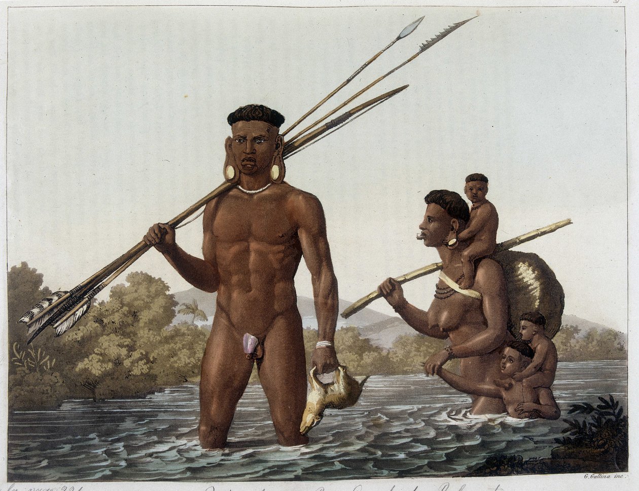 Rodzina Indian Botocudo powracających z polowań i przekraczających rzekę Rio Grande do Belmonte w Paragwaju. W „Stary i współczesny kostium” 1818-1820, autorstwa Ferrario. autorstwa Unknown artist