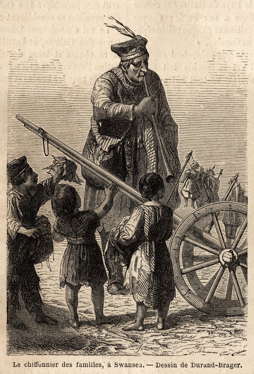 Szmata rodzinna w Swansea. Rysunek Duranda Bragera, ilustrujący wizytę w głównych fabrykach w Walii w 1862 roku, autorstwa L.Simonina. Grawerowanie w „”Le tour du monde””, pod redakcją Edouarda Chartona autorstwa Unknown artist