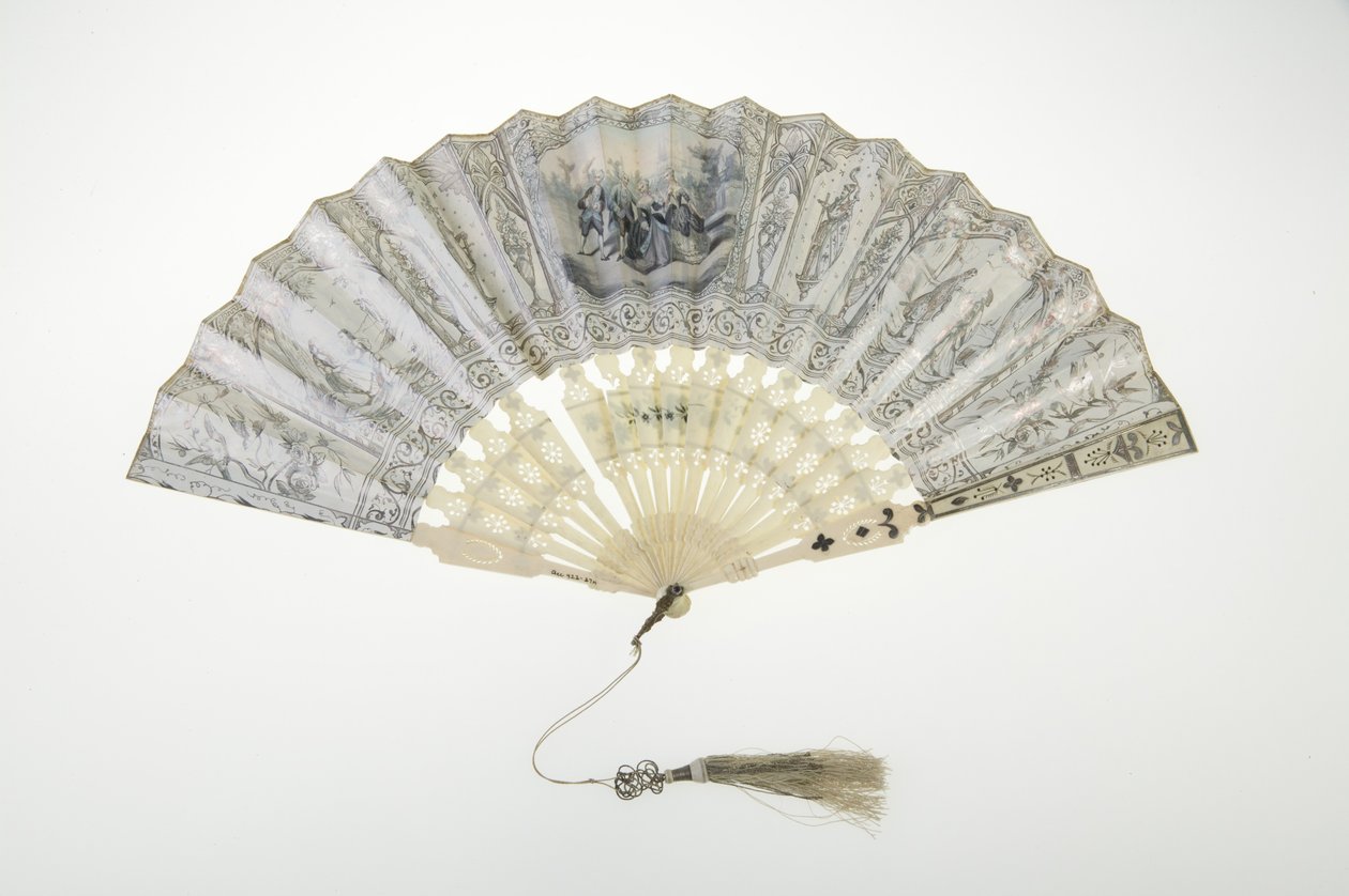 Wachlarz, ok. 1850, Papier malowany, kość, srebro, chwost z jedwabiu i metalicznej nici, Wytwórca nieznany autorstwa Unknown artist