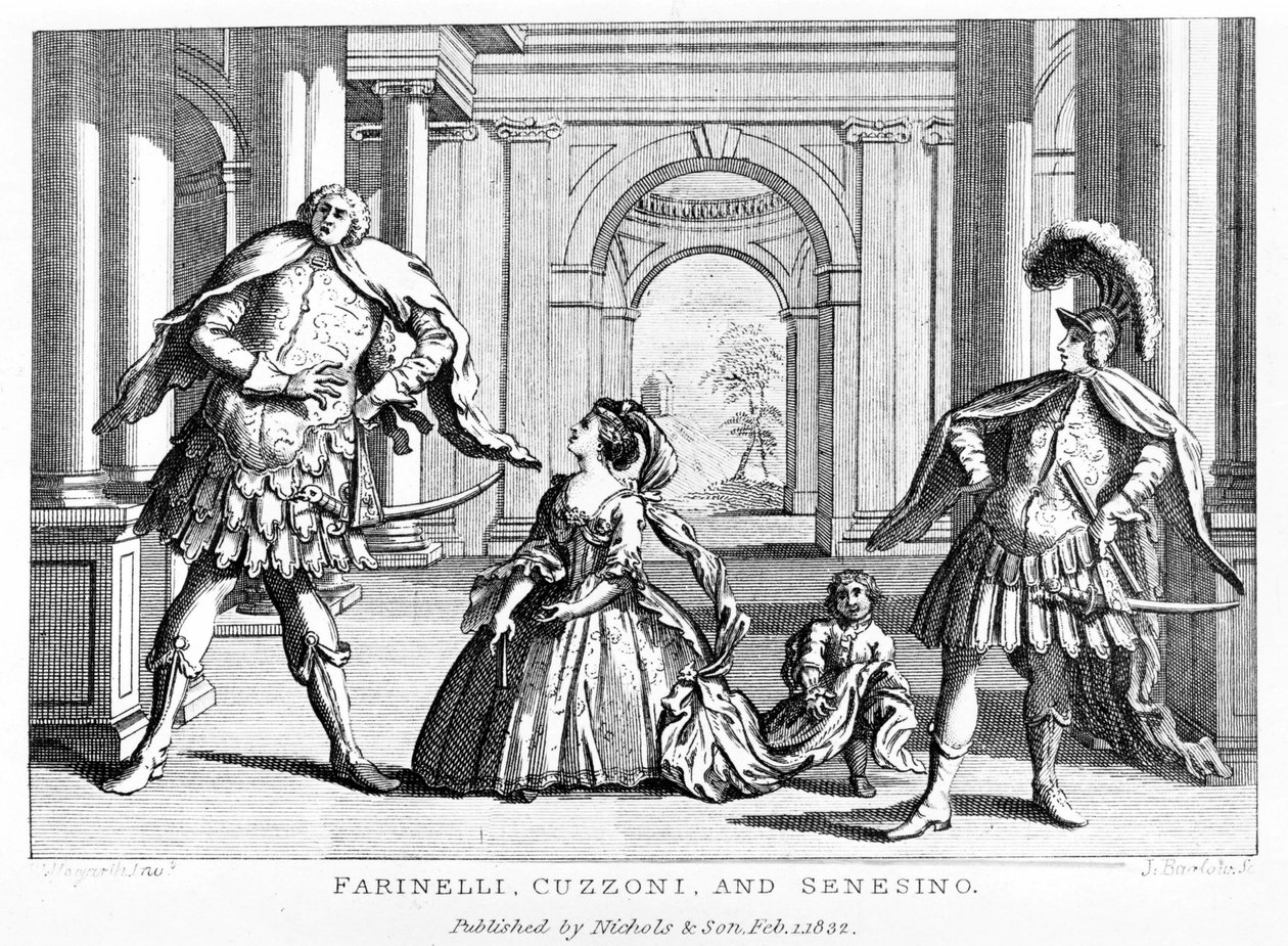 Farinelli (Carlo Broschi, zm.; 1705 - 1782) z sopranistą Cuzzoni i kastratem Francesco Bernardo Senesino (1680 - 1750) w operze George