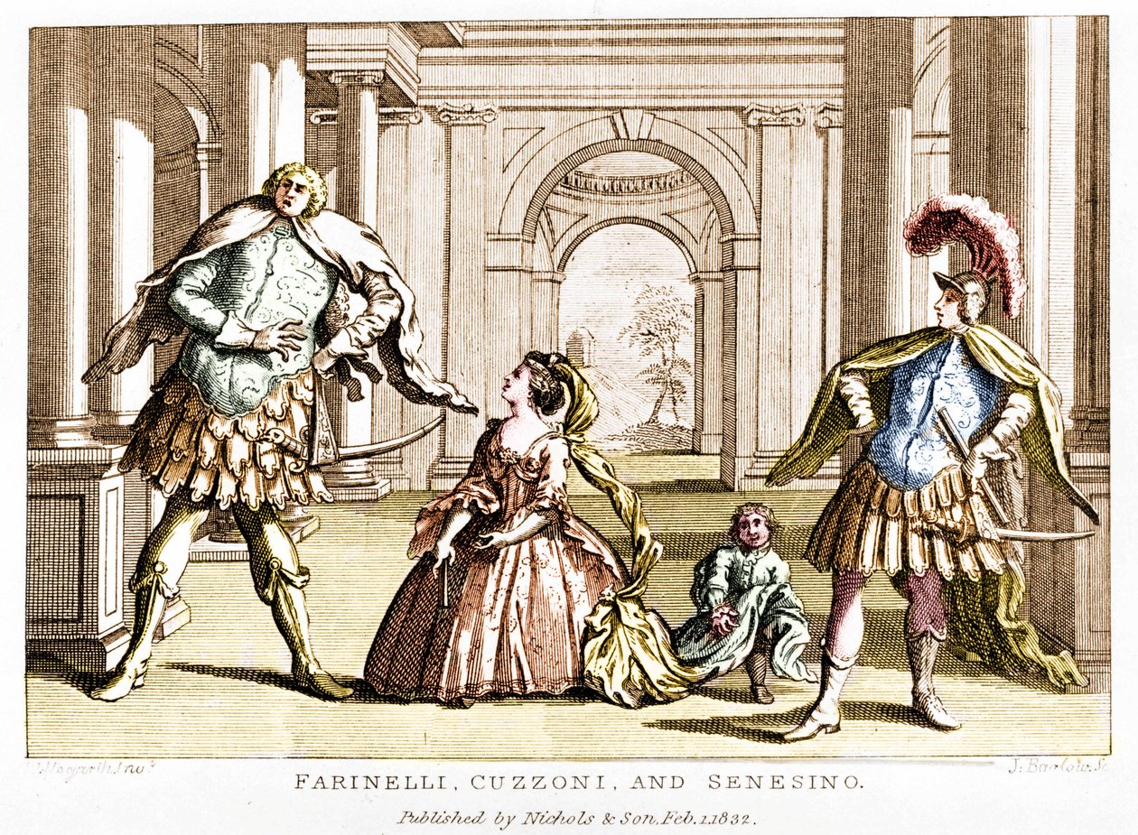 Farinelli (Carlo Broschi, zm. 1705 - 1782) z sopranistą Cuzzoni i kastratem Francesco Bernardo Senesino (1680 - 1750) w operze George