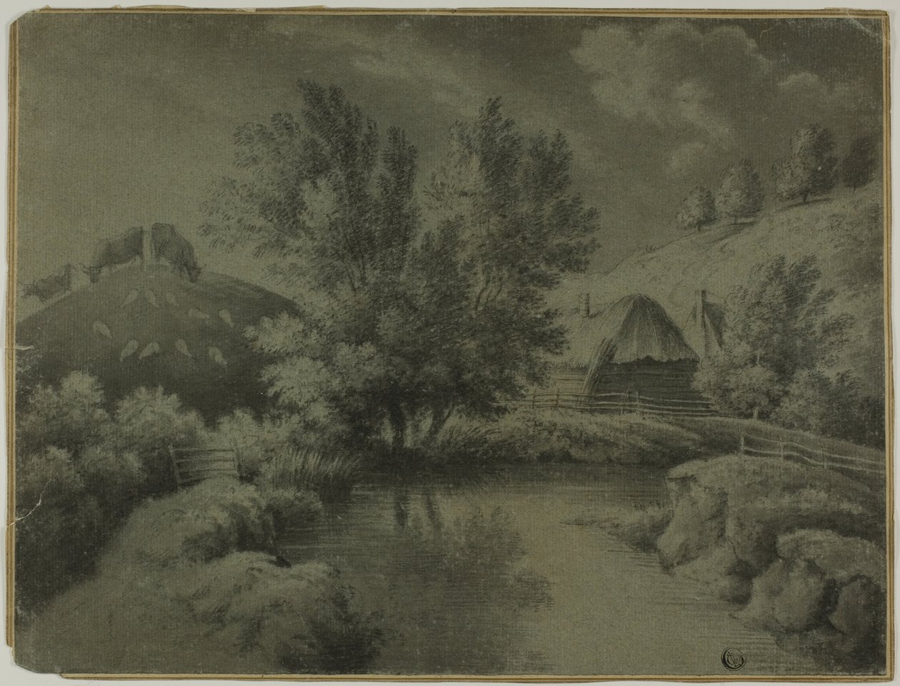 Farma ze stawem na pierwszym planie, krowy pasące się na wzgórzu autorstwa Unknown artist