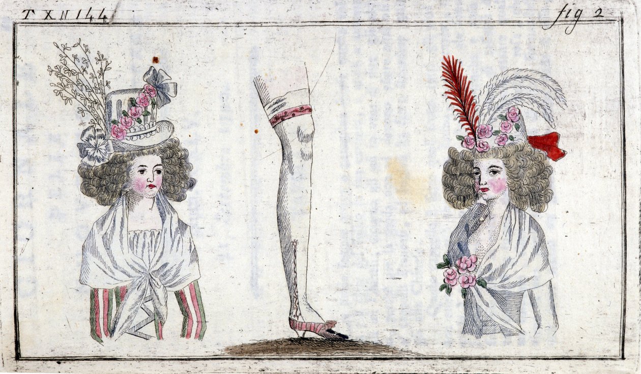 Moda XVIII wiek: fryzura i podwiązka kobiet około 1788 roku. autorstwa Unknown artist