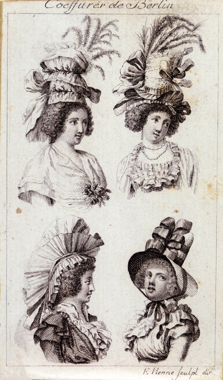 Moda XVIII wiek: kapelusze berlińskich kobiet. Grawerowanie z 1793 roku. autorstwa Unknown artist