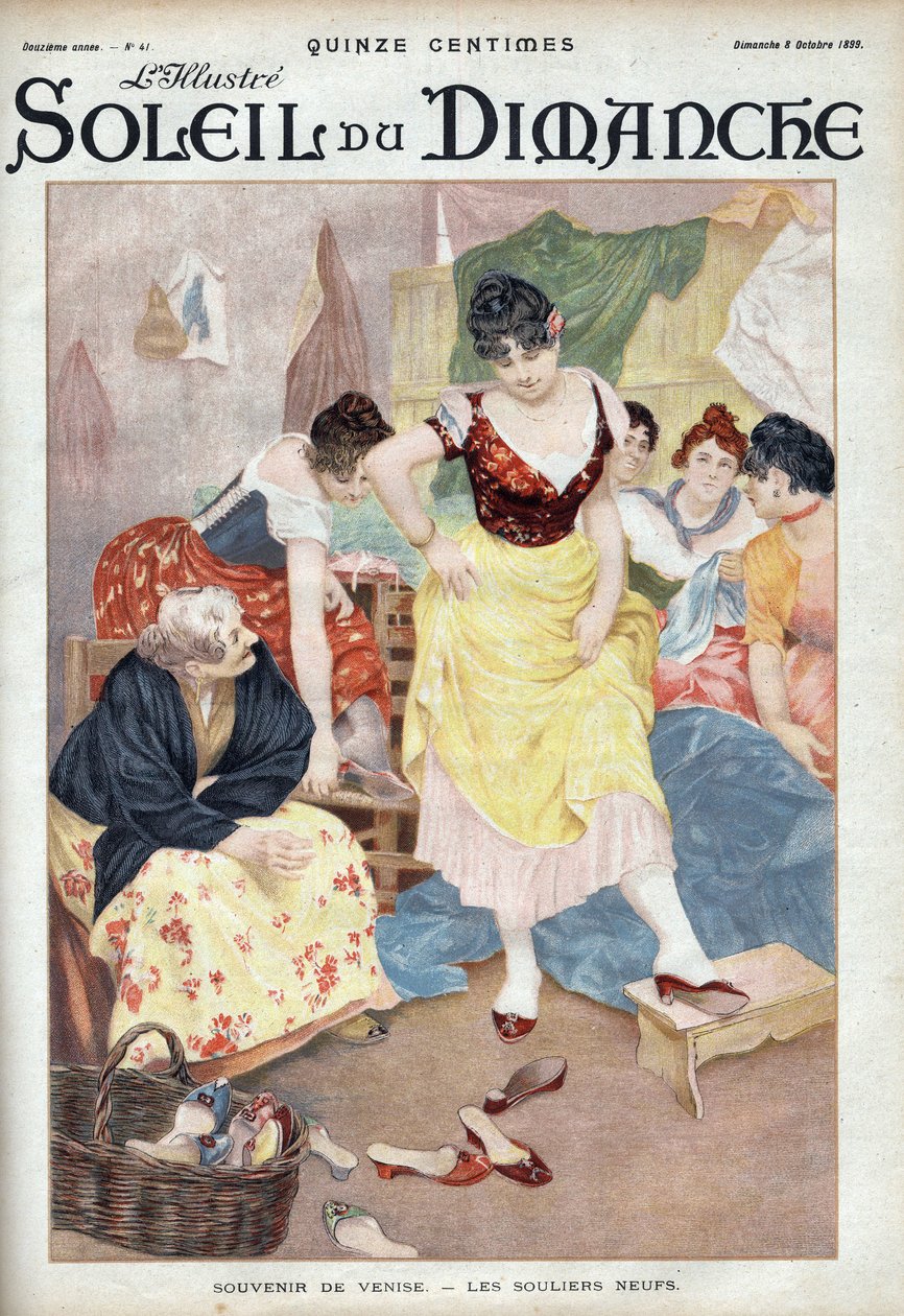 Moda końca XIX wieku: nowe buty z Wenecji. Kobiety przymierzają buty z włoskiego miasta. Grawerowanie w „”Le sun-du-dimanche””, 8 października autorstwa Unknown artist