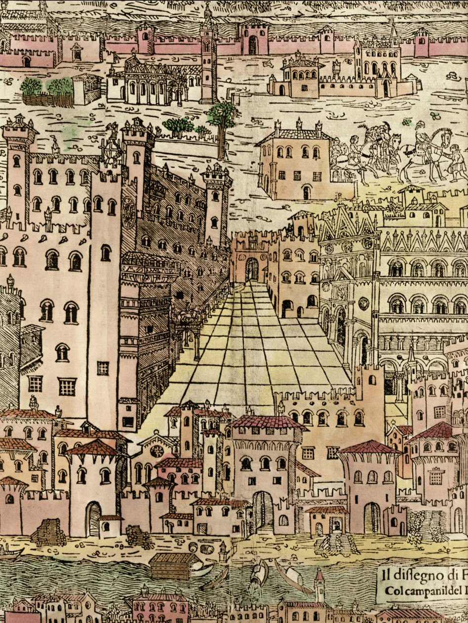Ferrara: widok miasta, fragment anonimowego drzeworytu autorstwa Unknown artist
