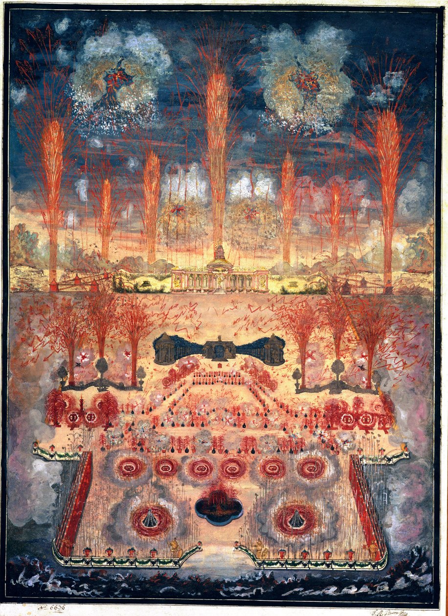 Fajerwerki i iluminacje 16 czerwca 1744 w Moskwie (Rosja). Praca anonimowa, akwarela i gwasz na tekturze, połowa XVIII wieku. Sztuka rokoko. Państwowe Muzeum Historyczne, Moskwa. autorstwa Unknown artist