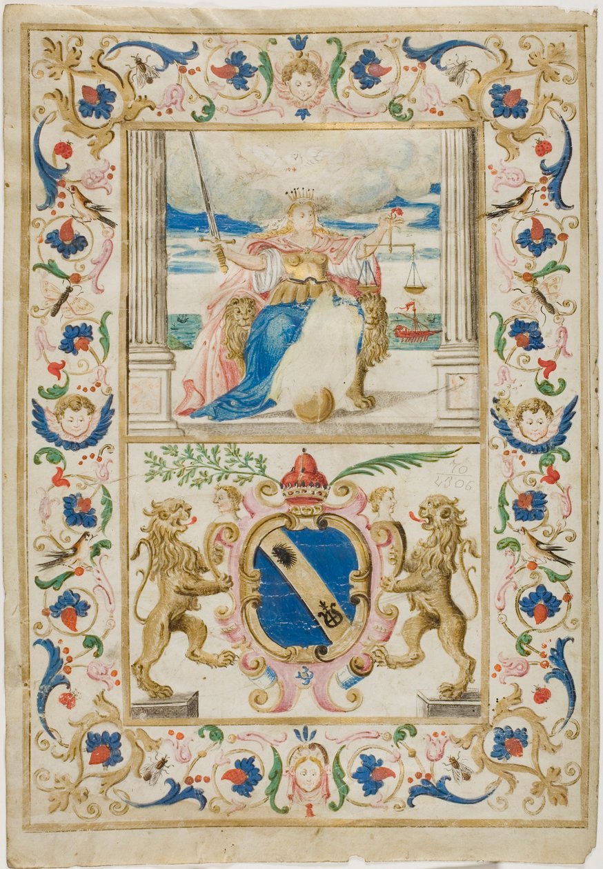 Figura sprawiedliwości i tarcza z rozszalałymi lwami autorstwa Unknown artist