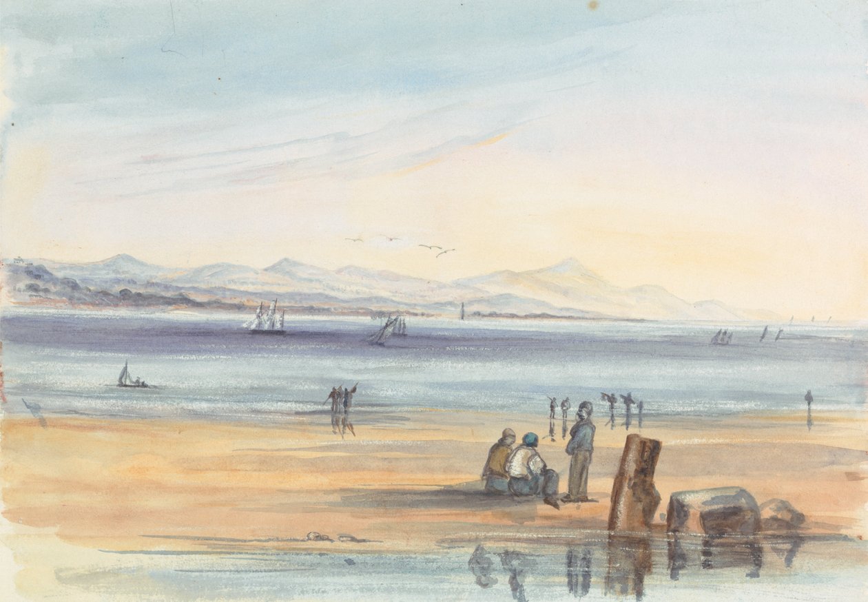 Postacie na plaży z górami w oddali autorstwa Unknown artist