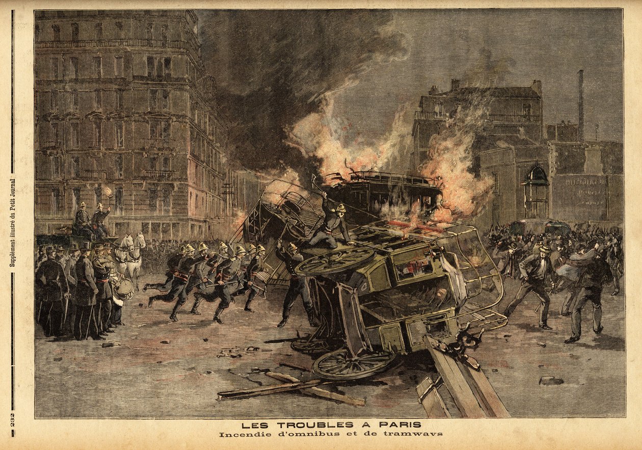 Pożar omnibusów i tramwajów w Paryżu: brutalnie stłumiona demonstracja studencka przeradza się w ogólne zamieszki. Grawerowanie w „”Le petit journal”” 22.07.1893. Kolekcja Selvy. autorstwa Unknown artist