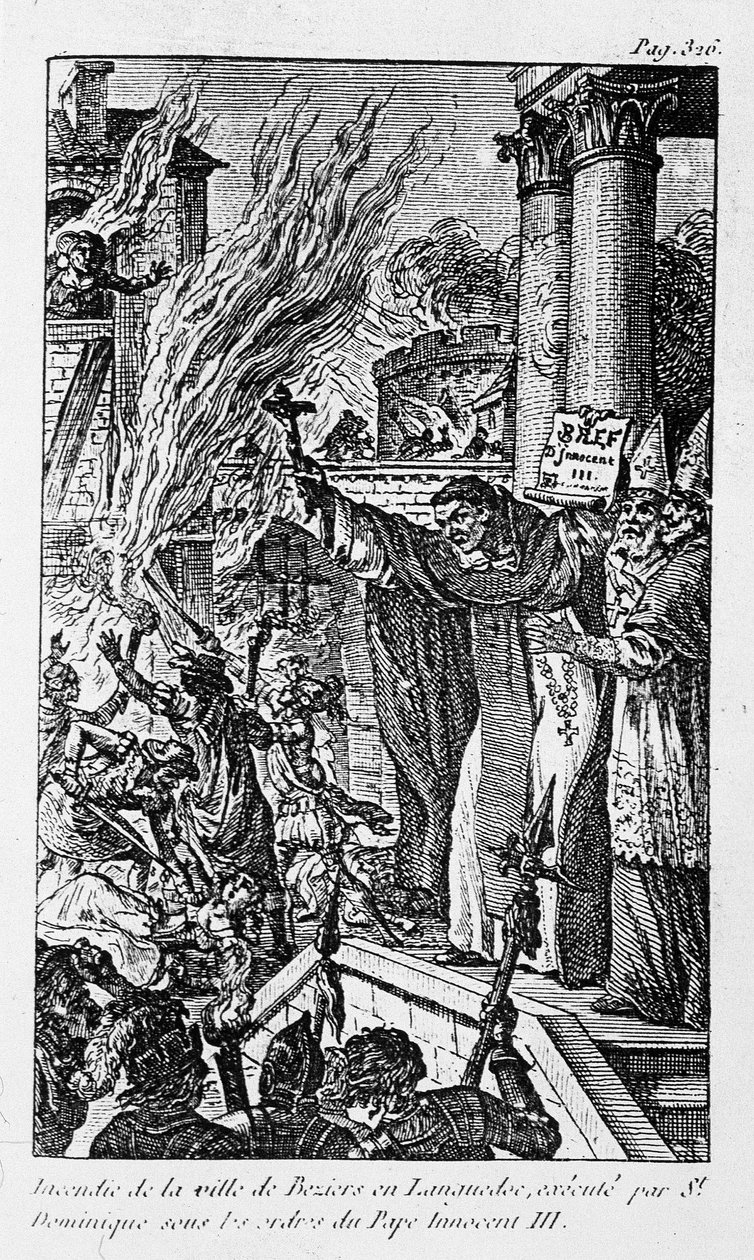 Pożar miasta Béziers w Langwedocji, dokonany przez św. Dominikę na rozkaz papieża Innocentego III w „Zbrodniach religii” autorstwa Unknown artist
