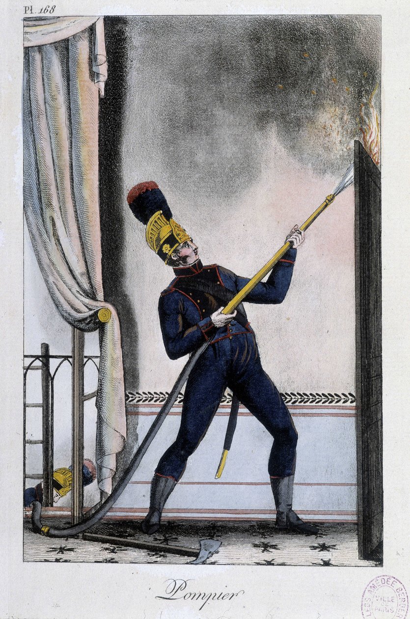 Strażak z lancą wodną, gaszący pożar - ca. 1830 autorstwa Unknown artist
