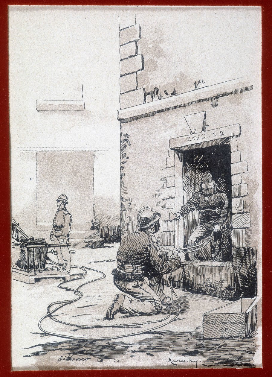 Strażacy: aparaty przeciwpożarowe z piwnic. grawerowanie sd. 19 wiek autorstwa Unknown artist