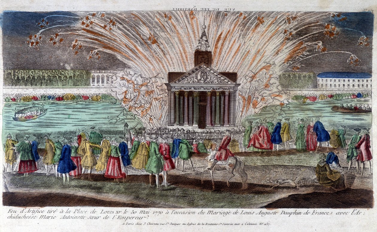 Fajerwerki odpalono na Place de Louis XV 30 maja 1770 r. z okazji ślubu Ludwika Augusta, delfina Francji, z arcyksiężną Marią Antoniną, siostrą cesarza. Grawerowanie pod koniec XVIII wieku. autorstwa Unknown artist