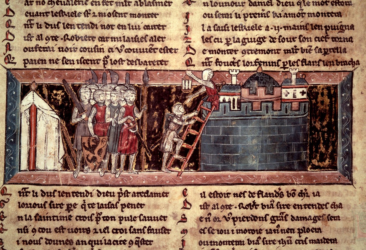 Pierwsza krucjata: „Krucjaty przybywające przed Jerozolimą”. Miniatura z „”Chevalier au Swan et Godefroi de Bouillon”” autorstwa Unknown artist