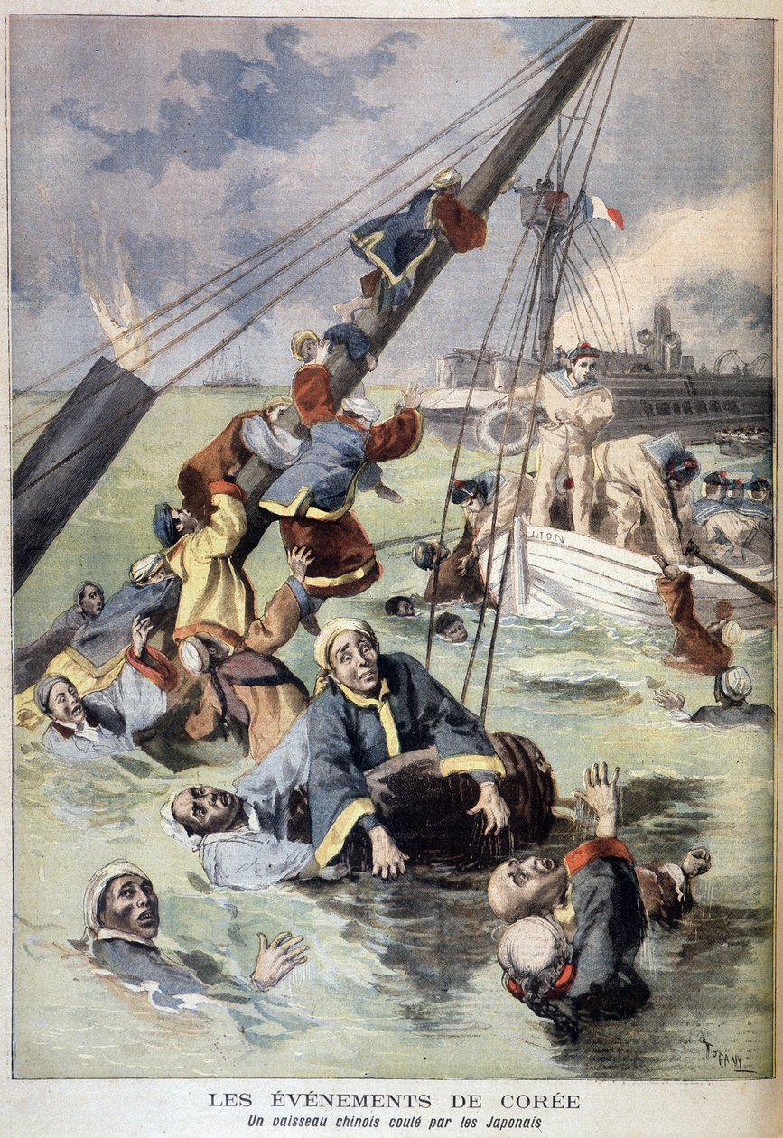 Pierwsza wojna chińsko-japońska - Wydarzenia w Korei: Chiński statek zatopiony przez Japończyków. Ilustracja - w "Le Petit Journal" z sierpnia 1894 (rycina) autorstwa Unknown artist