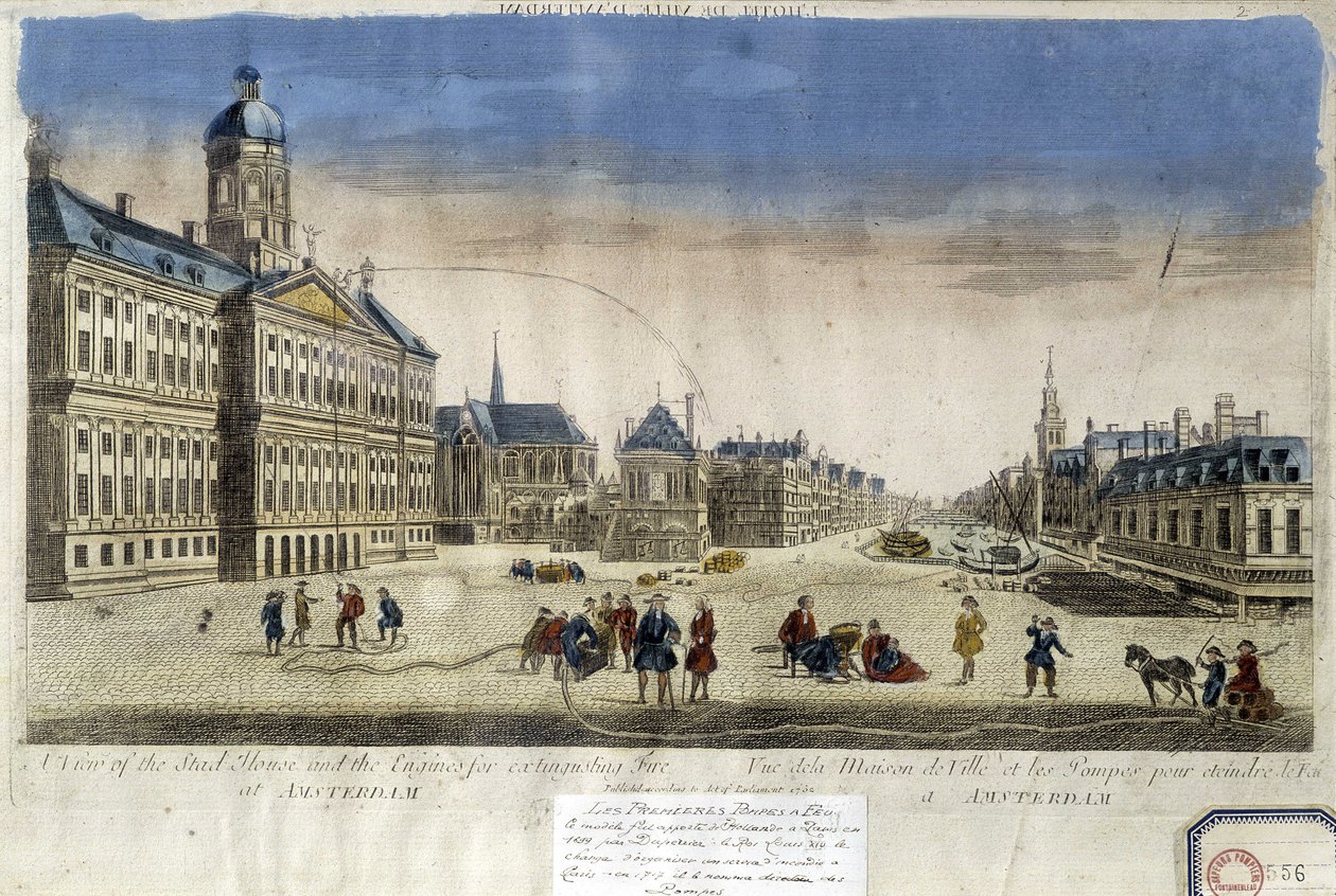 Pierwsze pompy strażackie przed ratuszem w Amsterdamie - widok optyczny autorstwa Unknown artist
