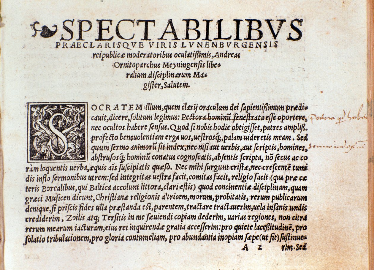 Pierwsza strona "Sztuka śpiewania micrologus" Andree Ornitoparchi (Andreas Ornithoparchus) 1533 Bolonia, muzeum muzyki obywatelskiej autorstwa Unknown artist