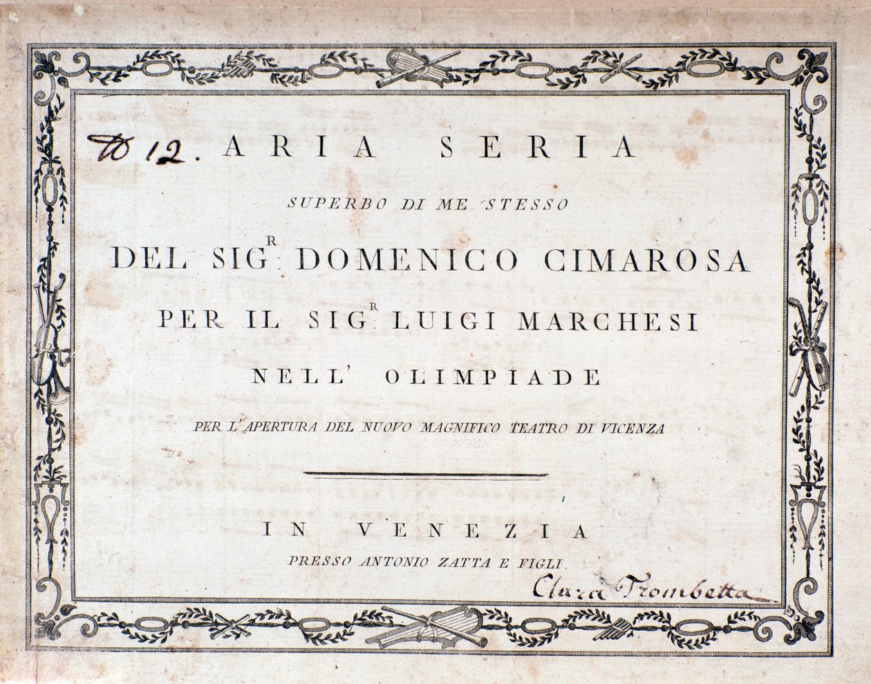 Pierwsza strona partytury Aria Seria Domenico Cimarosa autorstwa Unknown artist