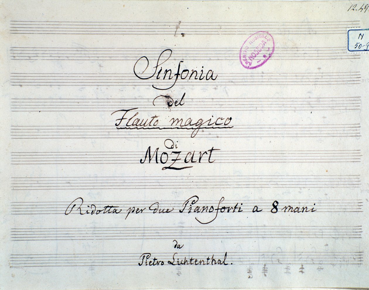 Pierwsza strona partytury symfonicznej zredukowana do dwóch fortepianów i ośmiu rąk Czarodziejskiego fletu, opera Mozarta, wersja Lichtenthala (XIX w.) autorstwa Unknown artist