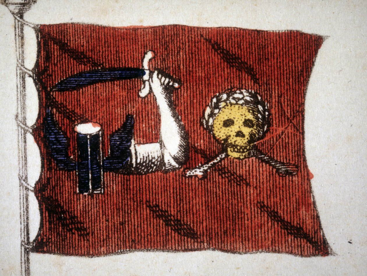 Flaga barbarzyńskich piratów, grawerowana pod koniec XVIII wieku. autorstwa Unknown artist