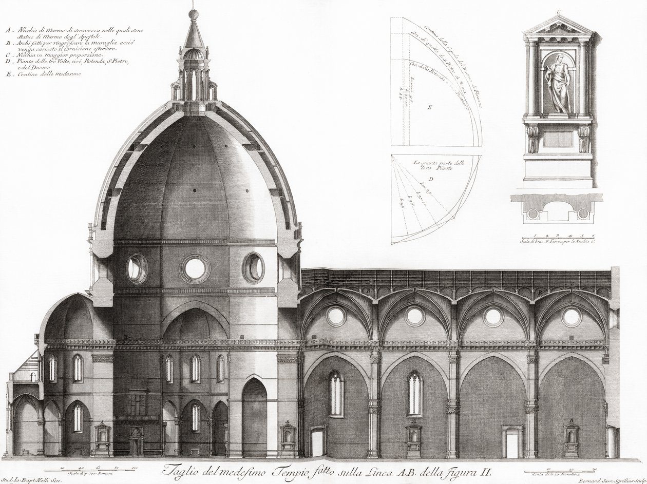 Florencja, Włochy. Duomo i katedra Santa Maria del Fiore. Przekrój katedry. Po XIX-wiecznym grawerowaniu (grawerowaniu) autorstwa Unknown artist