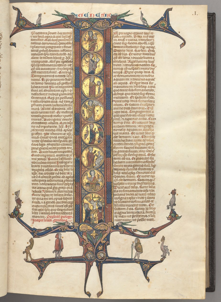 Fol. 1r, Genesis, z pełnometrażowym historycznym inicjałem I, przedstawiającym Stworzenie i Ukrzyżowanie, całość na oksydowanym złotym tle, z różowymi i niebieskimi ramkami i wciętymi przedłużeniami smoków i liści u góry iu dołu, na których siedzą różne autorstwa Unknown artist
