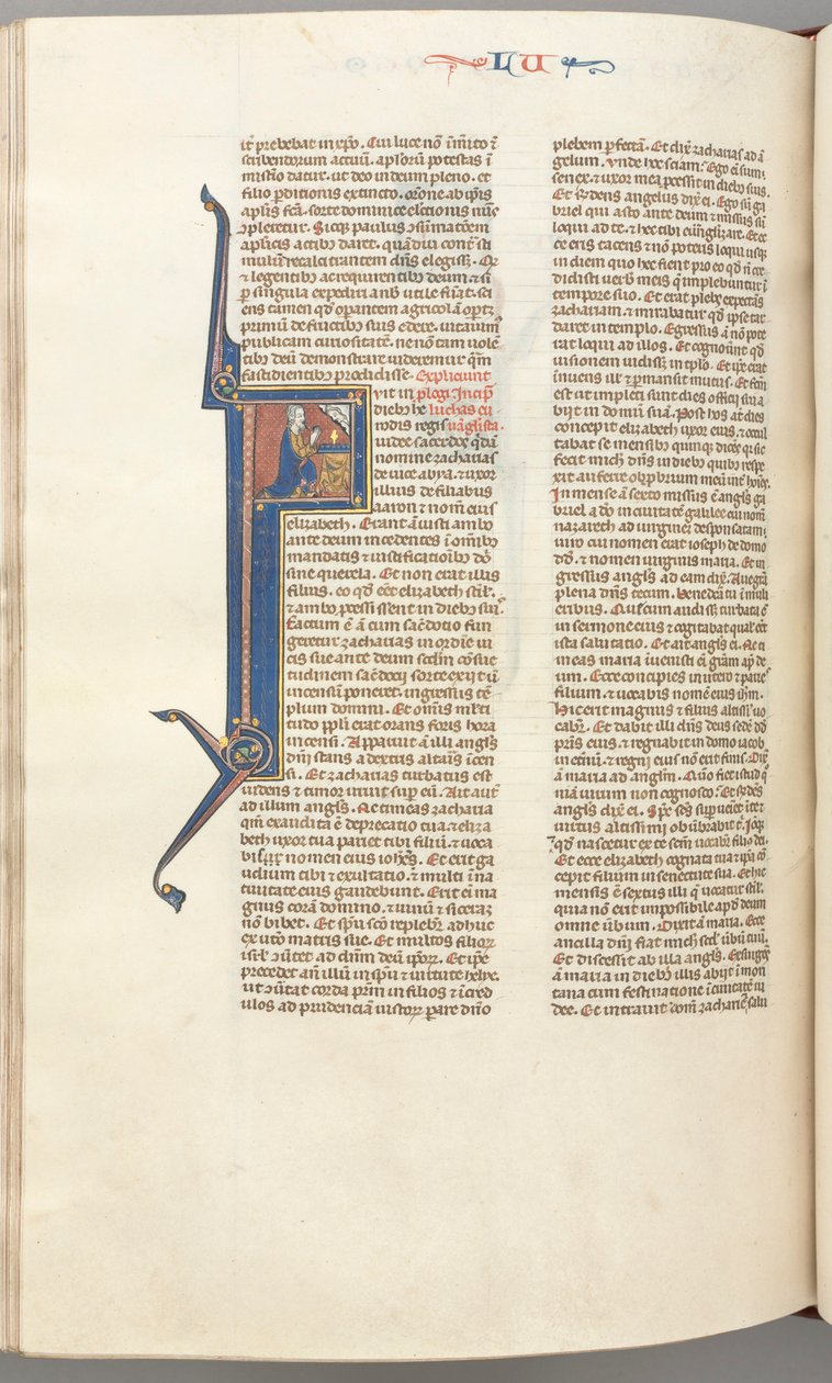 Fol. 412v, Łukasz, historyczny inicjał F, Łukasz modlący się przy ołtarzu, popiersie Boga powyżej autorstwa Unknown artist
