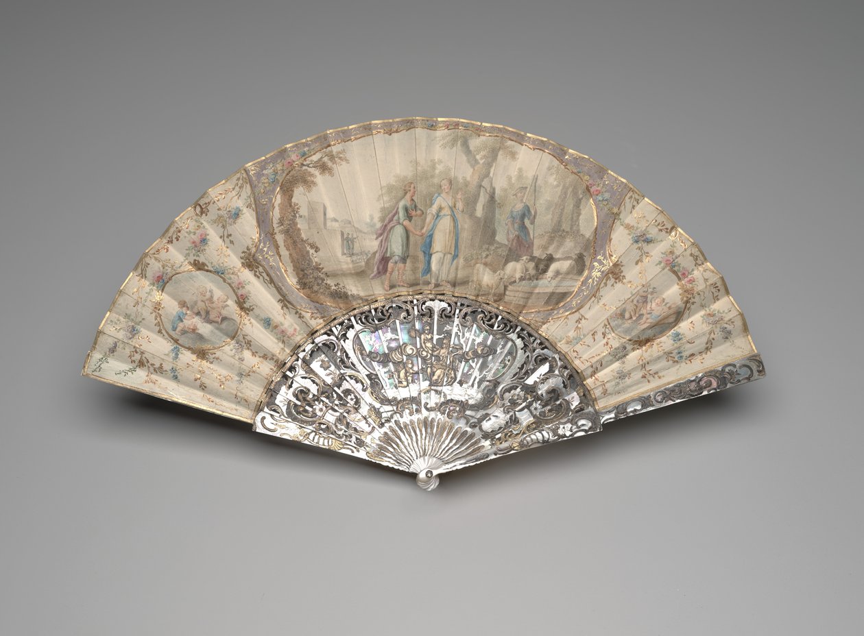 Składany wachlarz z Jakubem spotykającym Rachel przy studni, ok. 1760-70 (gwasz i akwarela na pojedynczym liściu pergaminowym, masa perłowa, złocenie i wklejanie klejnotów) autorstwa Unknown artist