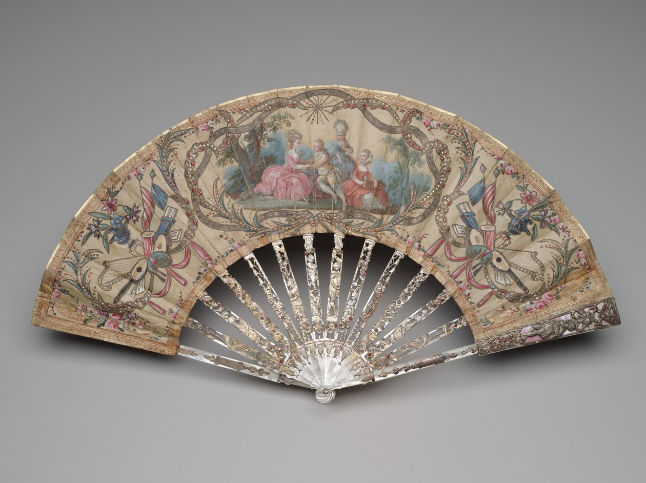 Składany wachlarz ze sceną zalotów i muzycznymi trofeami, ok.1770-80s autorstwa Unknown artist