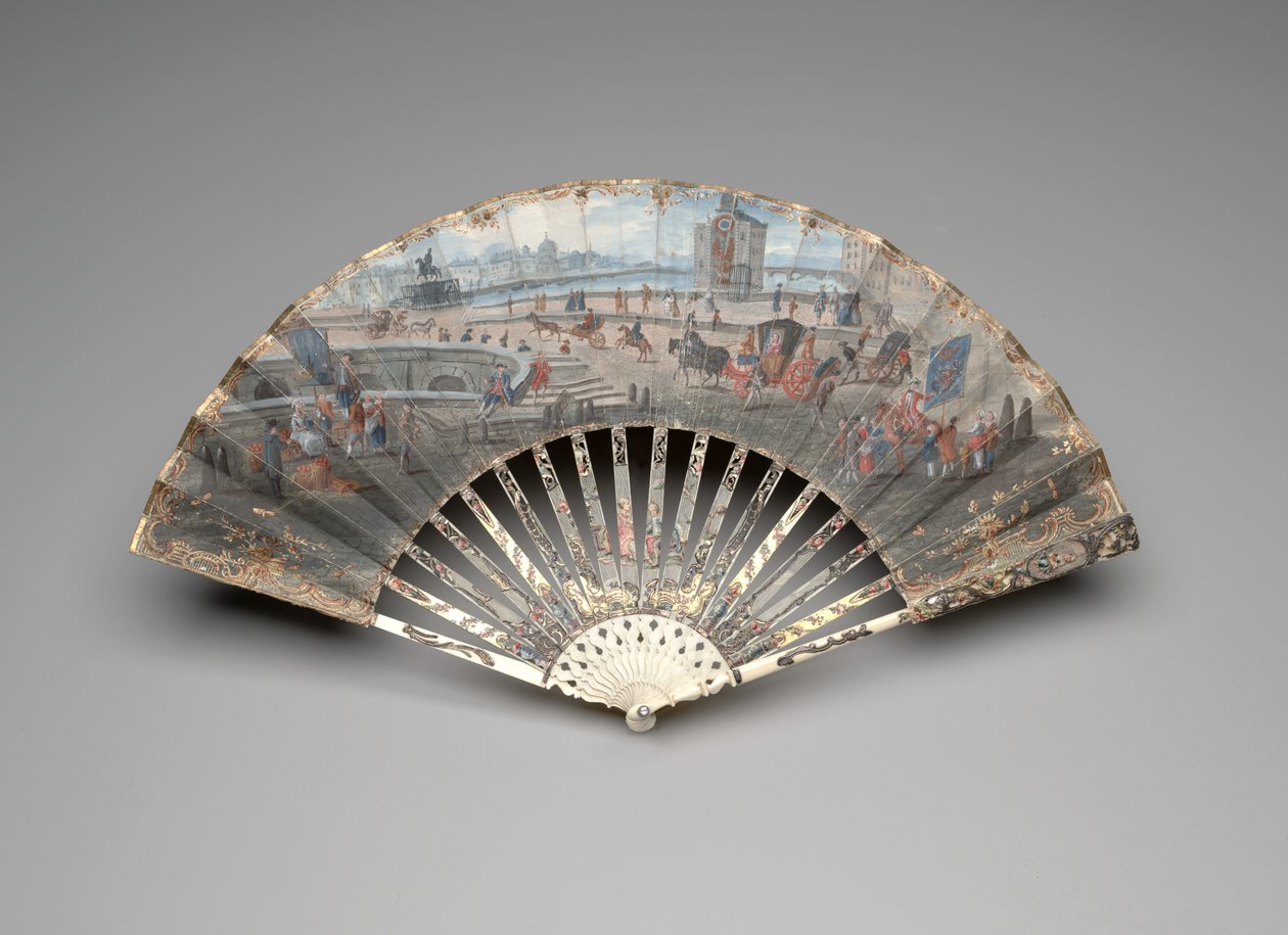 Składany wachlarz z widokiem na Pont Neuf, ok. 1755-60 (gwasz i akwarela na podwójnym liściu welinu, kości słoniowej, złocenia, gwasz, masa perłowa i pasty) autorstwa Unknown artist