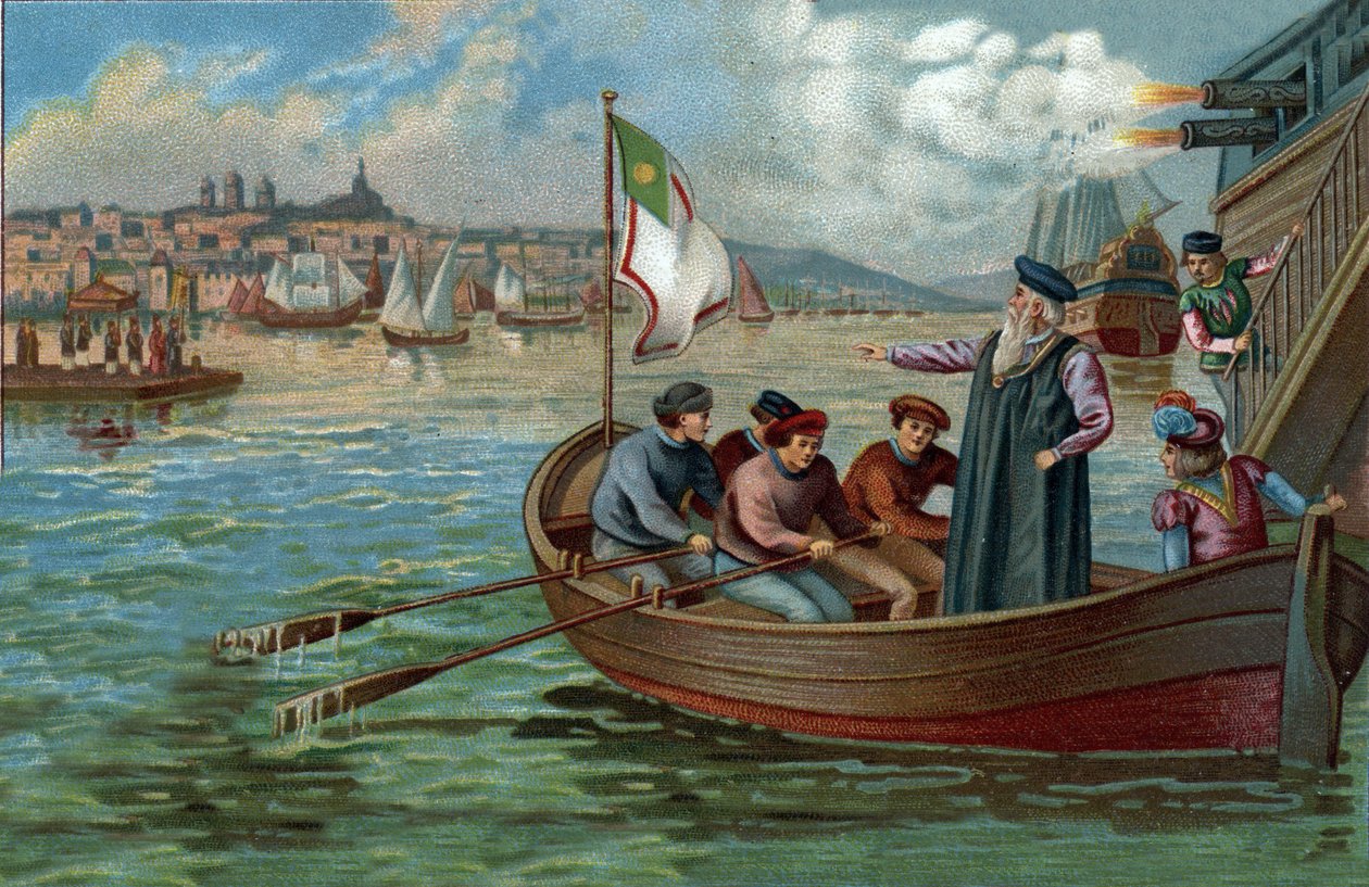Dawne centra handlowe: powrót Vasco de Gamy (1469-1524), portugalskiego nawigatora do Porto, Portugalia. Chromolitografia z końca XIX wieku autorstwa Unknown artist