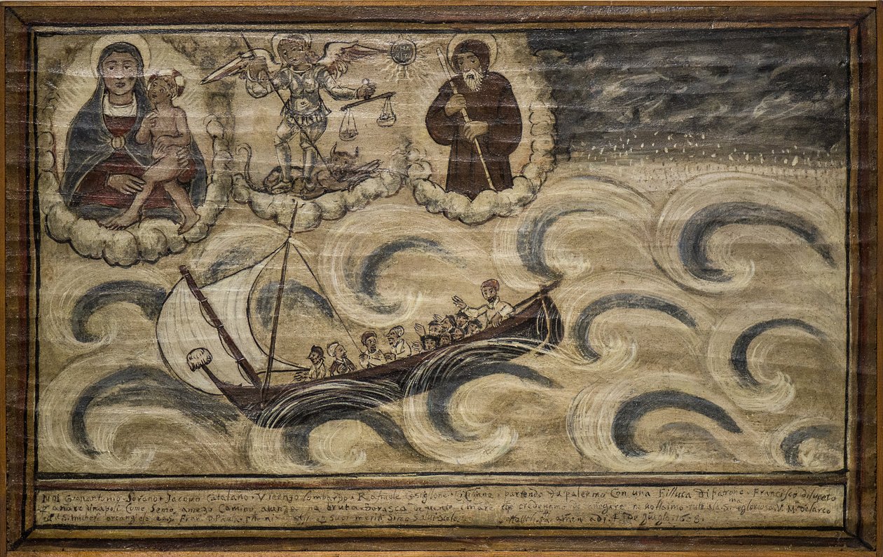 Były żeglarz woto (ex voto), popularna propozycja jako rękojmia oddania i wdzięczności żeglarza przeżywającego niebezpieczeństwa morza, pochodzącego z kościoła Carmine, Torre del Greco, niedaleko Neapolu autorstwa Unknown artist