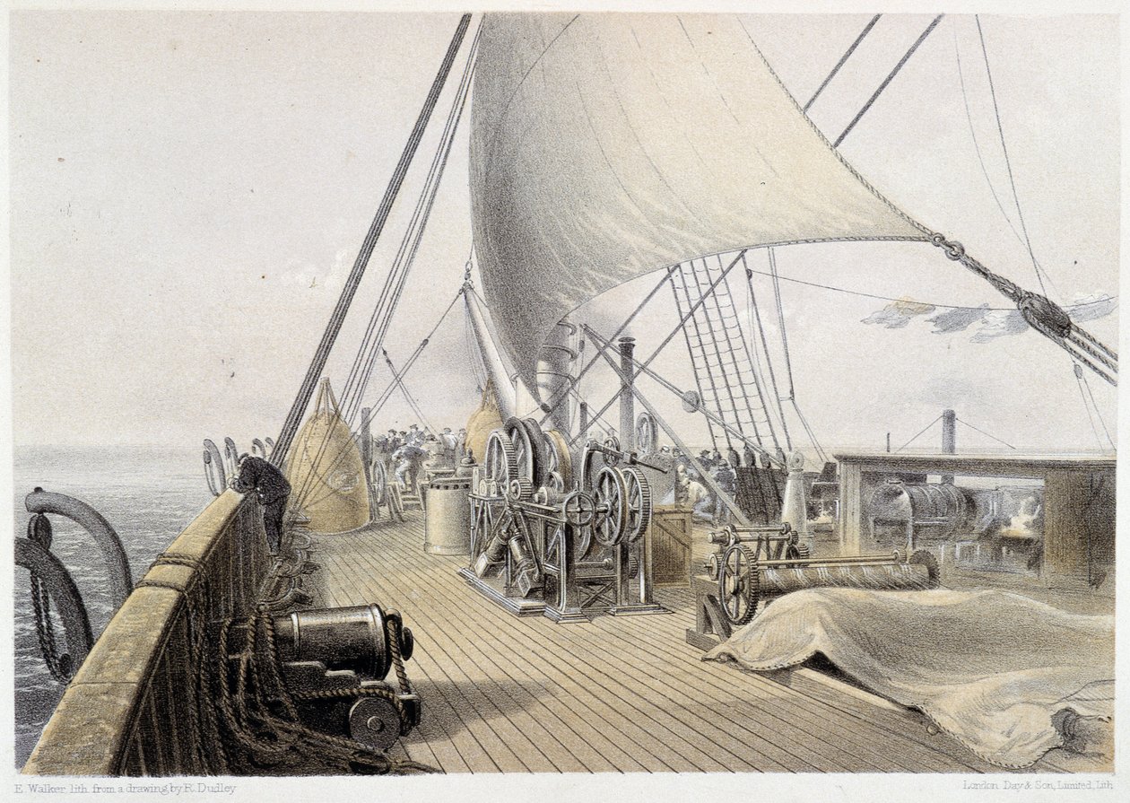Pokład dziobowy oczyszczony do ostatniego attemetu podczas grapplingu, 11 sierpnia 1858 r. - w „The Atlantic telegraph” W.H. Russela, ca. 1860 autorstwa Unknown artist