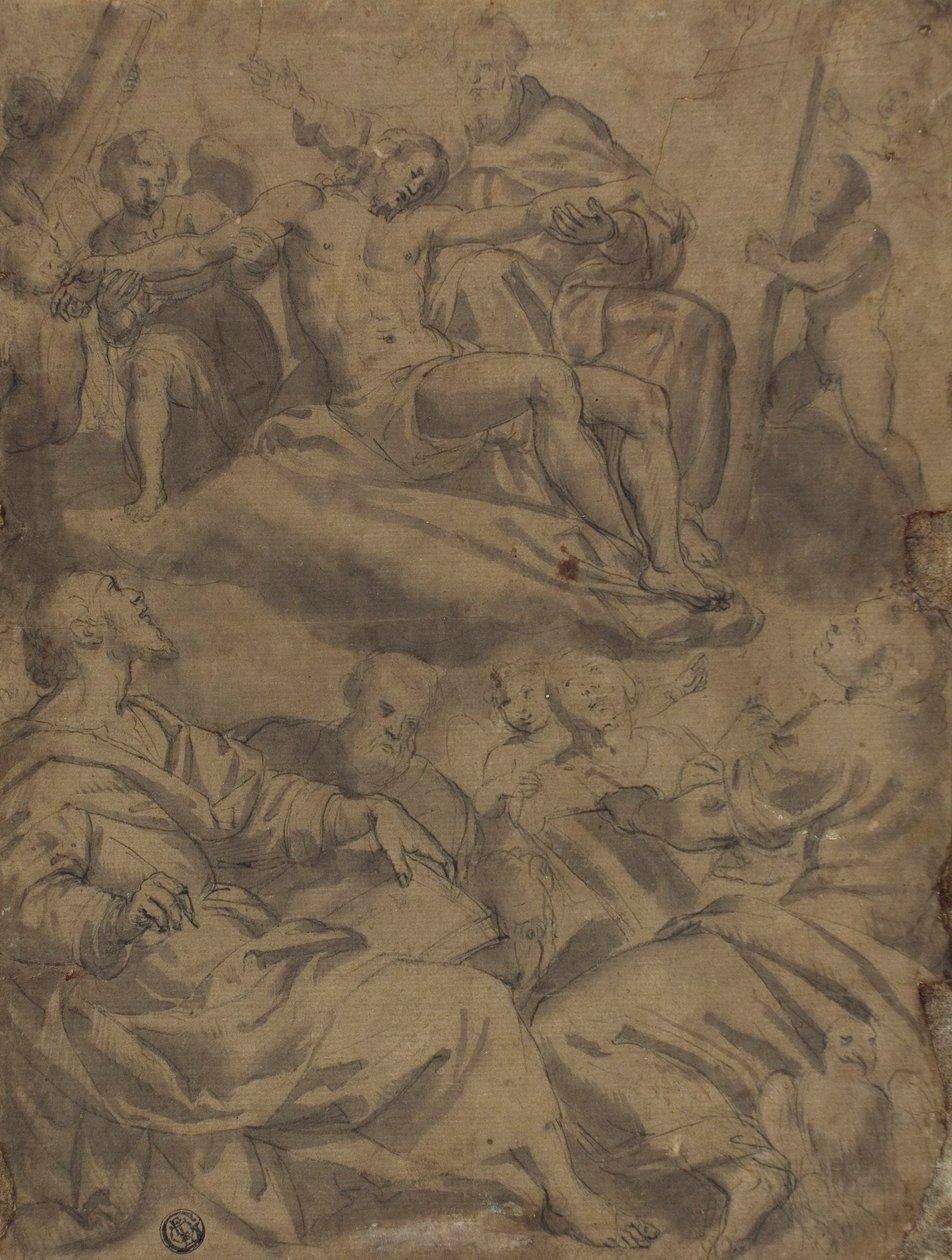 Czterej ewangeliści i wizja Boga trzymającego martwego Chrystusa za narzędzia Męki Pańskiej autorstwa Unknown artist