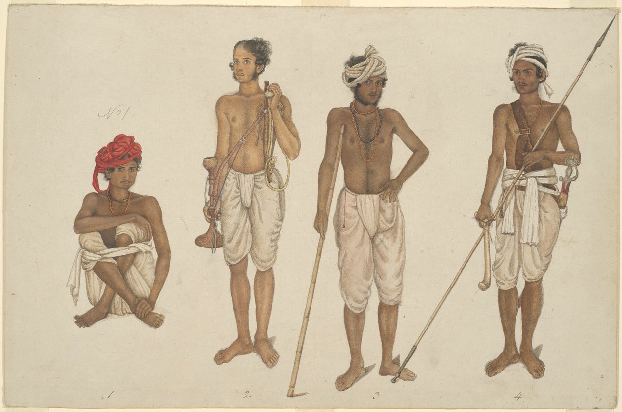 Czterech rekrutów w białych dhoti, strona z albumu Frasera autorstwa Unknown artist