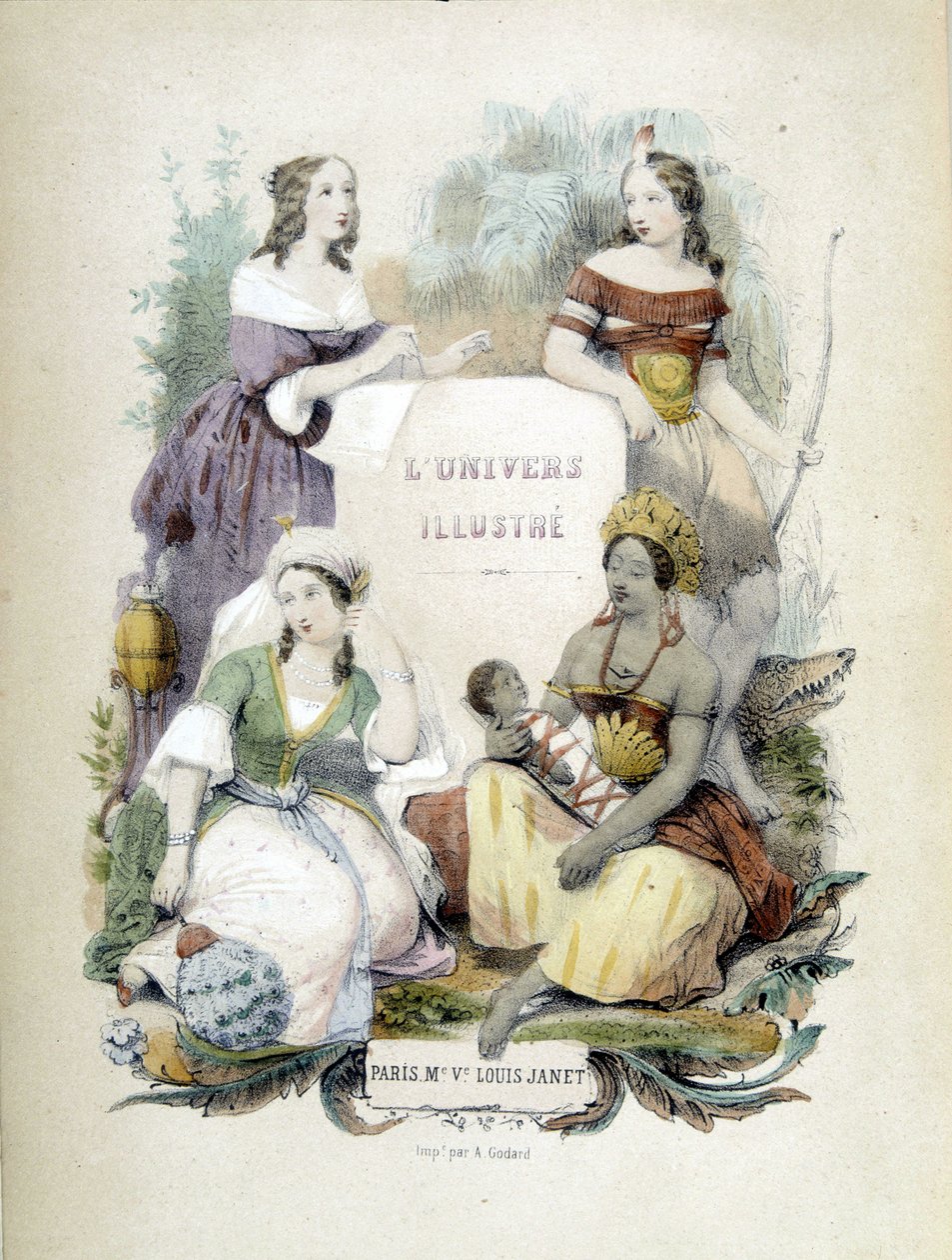 Cztery kobiety reprezentujące cztery strony świata - frontyspis „The Illustrated Universe: Living Geography”, Alfred des Essarts autorstwa Unknown artist
