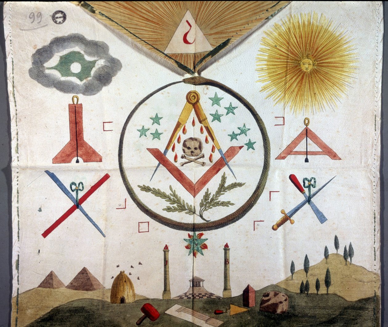 Franc-Maconnerie: emblematy makoniczne na fartuchu makona z zakonu obrządku francuskiego z XVIII lub XIX wieku. Archivio di Stato w Mediolanie autorstwa Unknown artist
