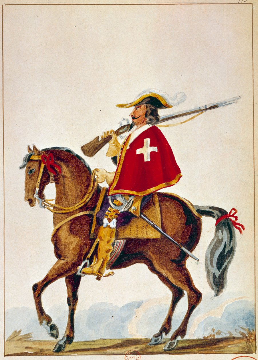 Armee francuski: De Valmont, muszkieter gwardii kardynała Richelieu. Rycina z XVII wieku. Paryż, B N autorstwa Unknown artist