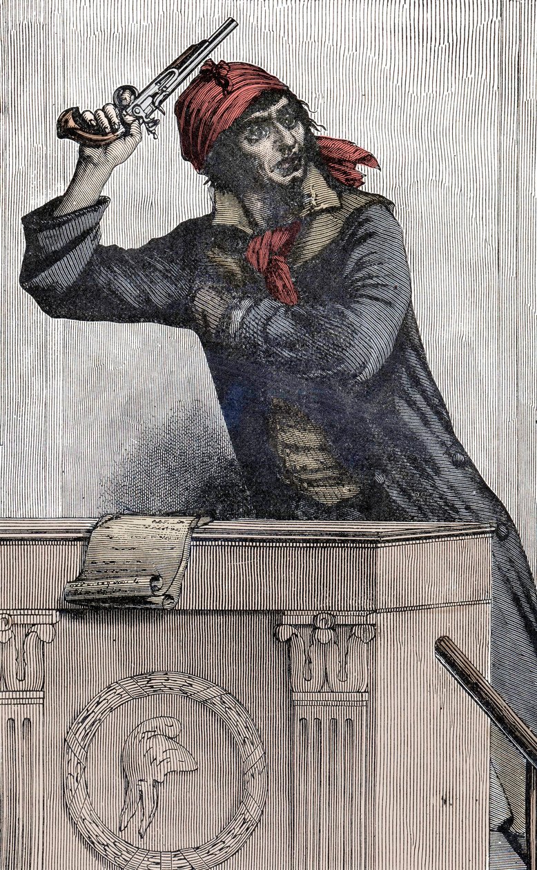 Rewolucja Francuska: Portret Jean Paul Marat (1743-1793), deputowany Montagnard na Zjeździe, rozgałęzia pistolet na podium - autorstwa Unknown artist