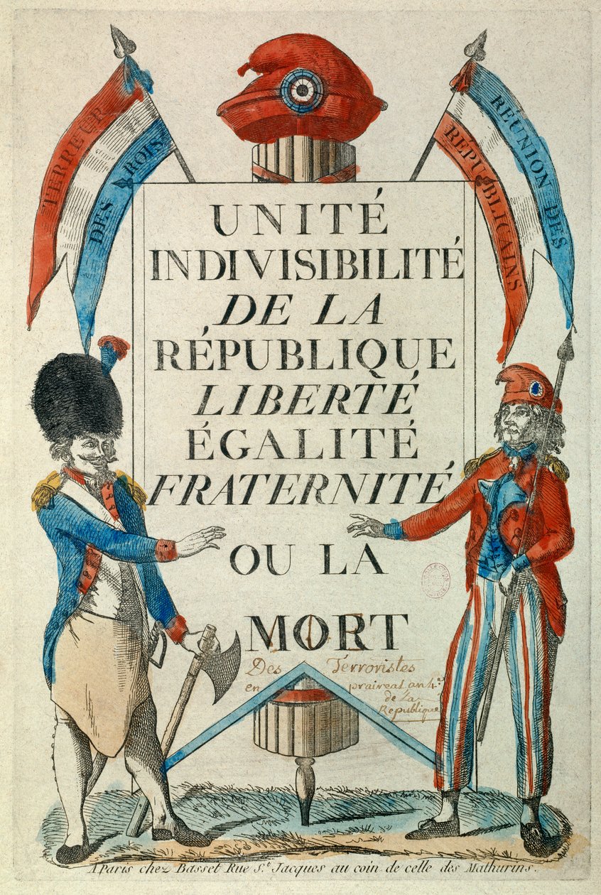 Rewolucja francuska: „Unite, indivisibilite de la Republique”, „Liberte, Egalite, Fraternite ou la mort”” Manifest propagandy bez majtek i koguta. Druki z 1794 Paryż, Musee Carnavalet autorstwa Unknown artist